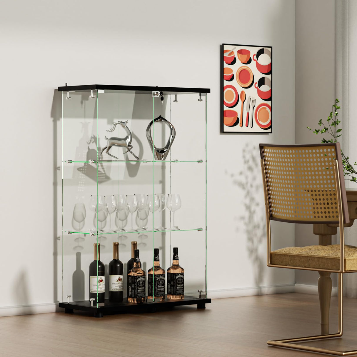 VINGLI Glass Display Cabinet with 3 Shelves, Double Doors and Lock, Floor Standing Curio Cabinets with LED Light, Upgraded Tempered Glass Bookshelf, for Living Room Living Room Bedroom Office, Black VINGLI