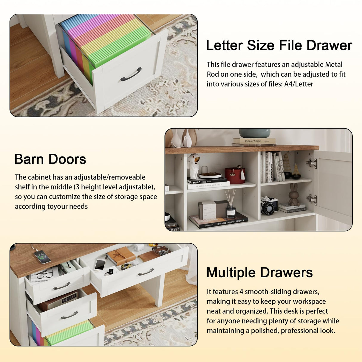 Farmhouse 67" H Executive Desk with Hutch,Office Desk with 4 Drawers and LED Light, Computer Desk with Storage Cabinet & File Drawers and Charging Station, Wood Workstation for Home Office and Study Vabches