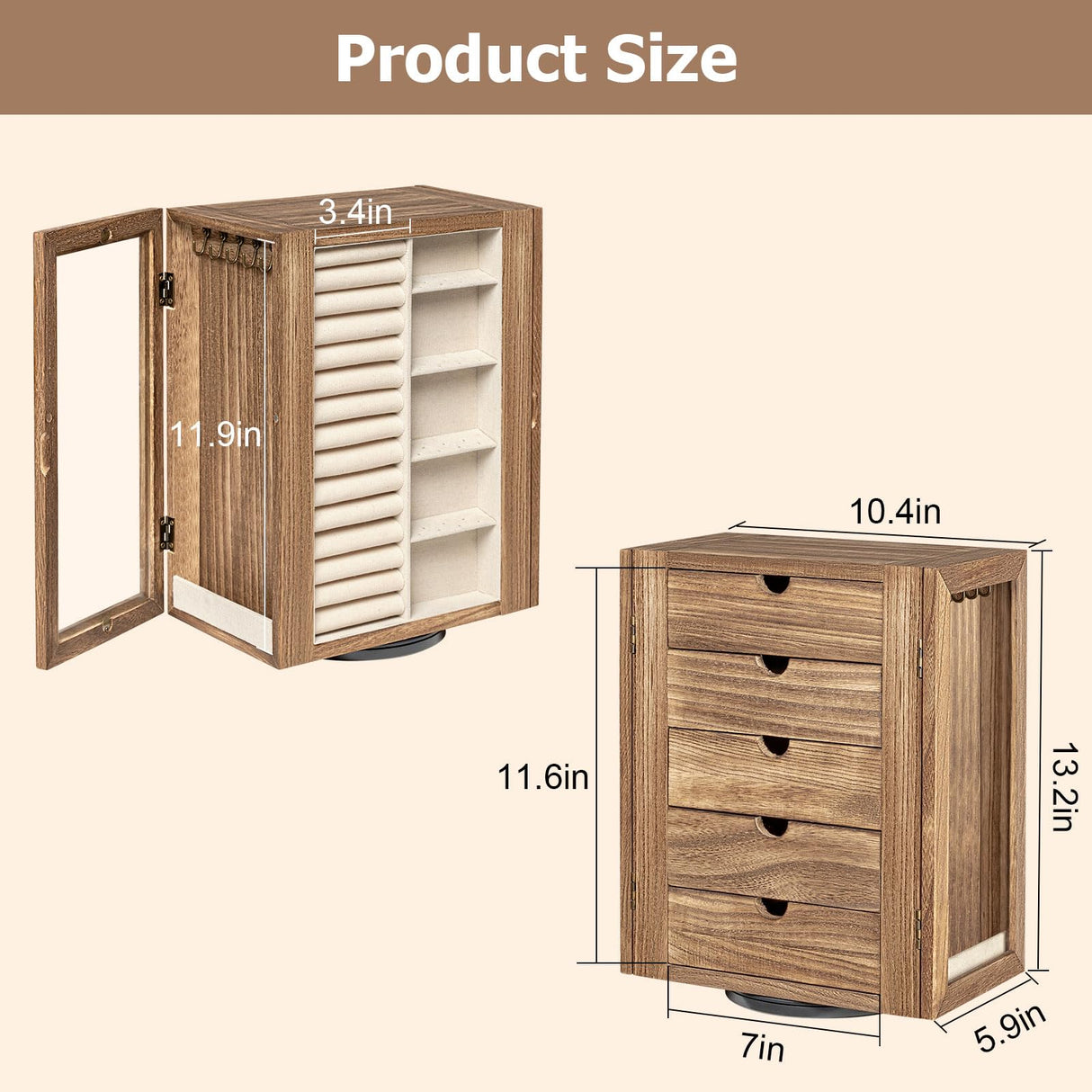 Emfogo 360° Rotating Jewelry Box for Women, Rustic Wooden Jewelry Organizer Box with 5 Drawers, Glass Doors, Vertical Open Design Jewelry Storage Case Display for Earrings Rings Necklaces Bracelets Emfogo