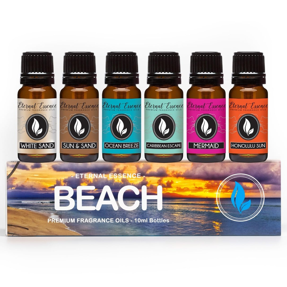 Eternal Essence Oils Beach Set of 6 Premium Fragrance Oils - Includes White Sand, Ocean Breeze, Honolulu Sun, Mermaid, Caribbean Escape, and Sun & Sand Scented Oils - 10ML Eternal Essence Oils