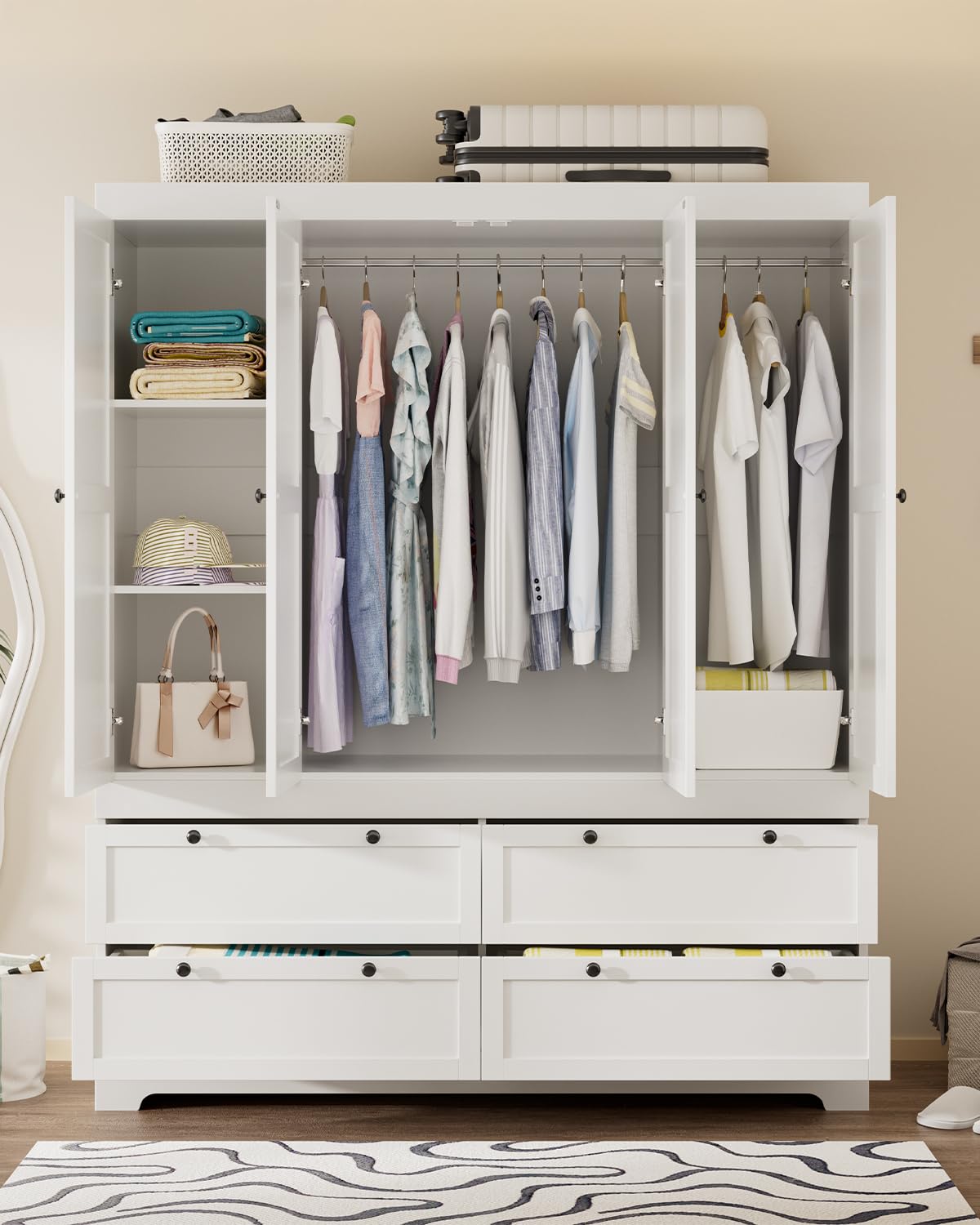 PLANNTONNEO Large White Wardrobe Closet with Drawers, Modular Closet System with Doors and Hanging Rods, Tall Large Armoire Ample Storage, Big Bedroom Armoires (4 Doors+4 Drawers) PLANNTONNEO