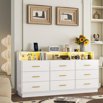 knoworld White 9 Drawer Dressers for Bedroom, Modern Large Dresser with LED Light and Power Outlet, Wooden Long Dresser, Triple Dresser for Bedroom, Living Room, Entryway, Hallway
