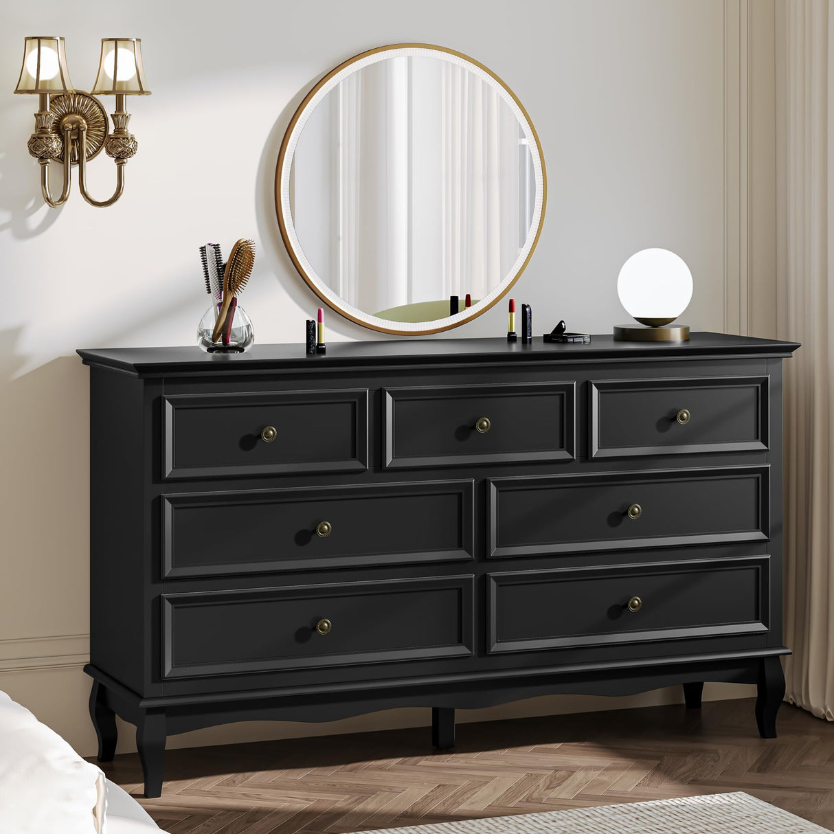 RoyalCraft Dresser for Bedroom, 7 Drawers Dresser with Distinctive Wooden Legs & Black Paint Finish, Black Drawer Dresser with Spacious Storage Space for Bedroom, Hallway RoyalCraft