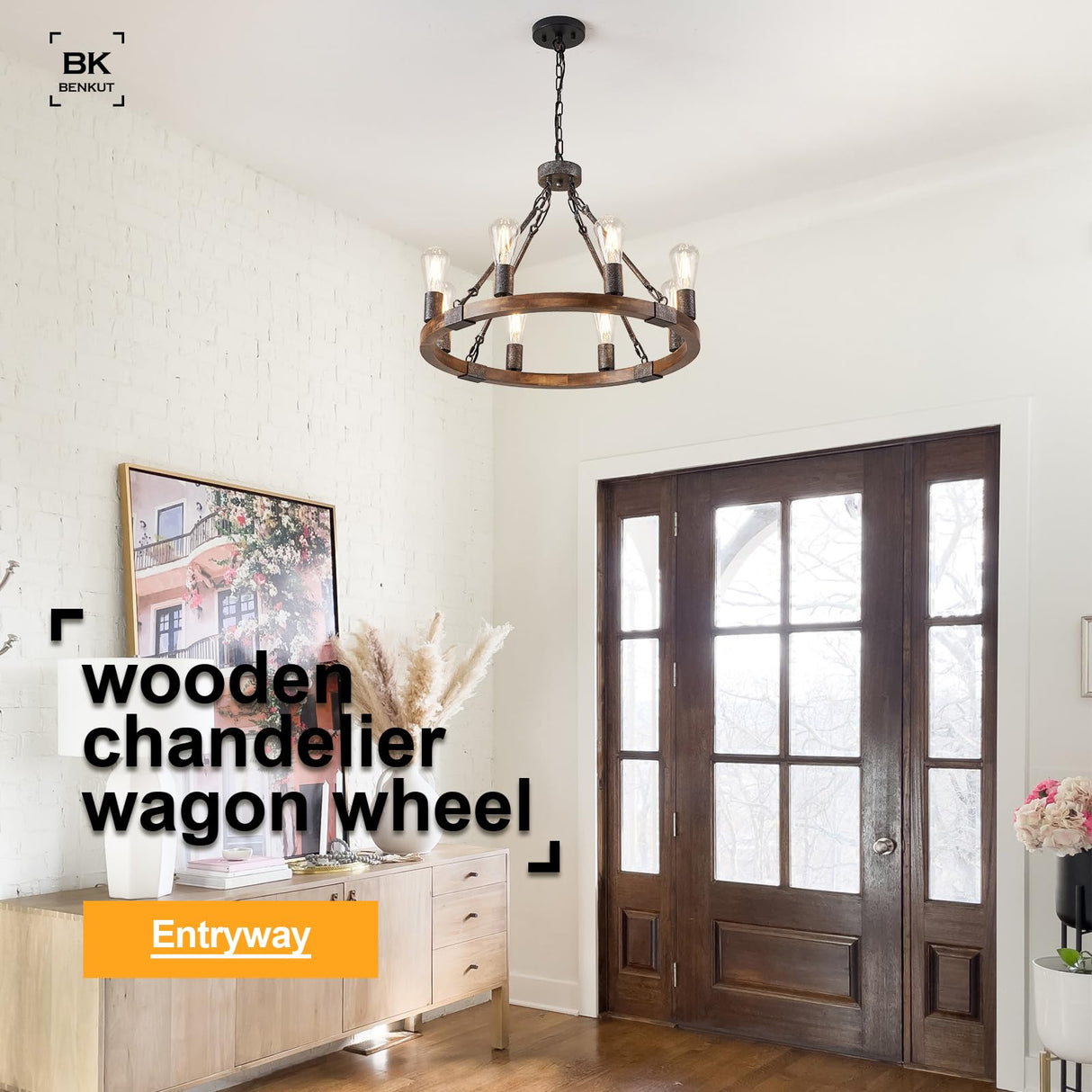 Benkut Farmhouse Wagon Wheel Chandelier 23.6" Black Rustic Light Fixtures 8-Light Wood Round Chandelier for Dining Room Kitchen Entryway Foyer Benkut