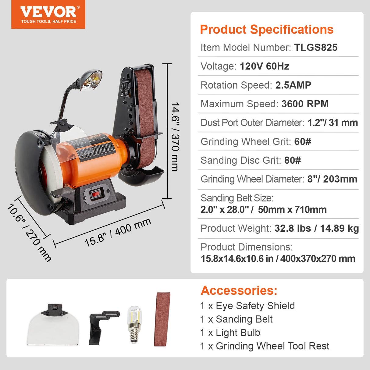 VEVOR 8 Inch Bench Grinder, Bench Grinder Sander with 2 x28 Inch Belt Sander Combo and 2.5A Induction Motor for Metalworking Sharpening Grinding VEVOR