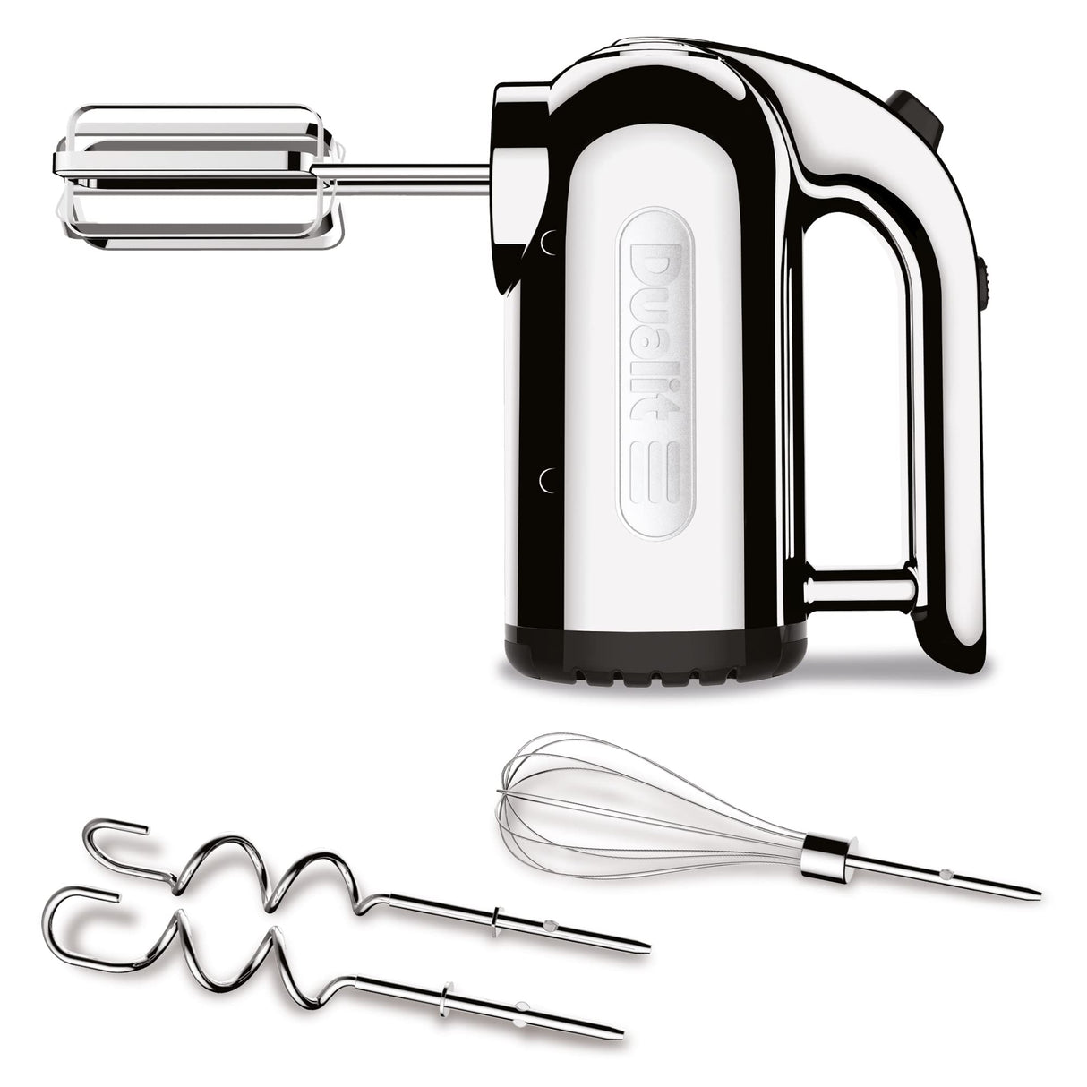 Dualit Hand Mixer - 400W - Strong Grip Handle - Attachments Included - Integral Plug Storage - 4 Speed Settings - Repairable gears - Flat Beaters, Dough Hooks, Balloon Whisk Dualit