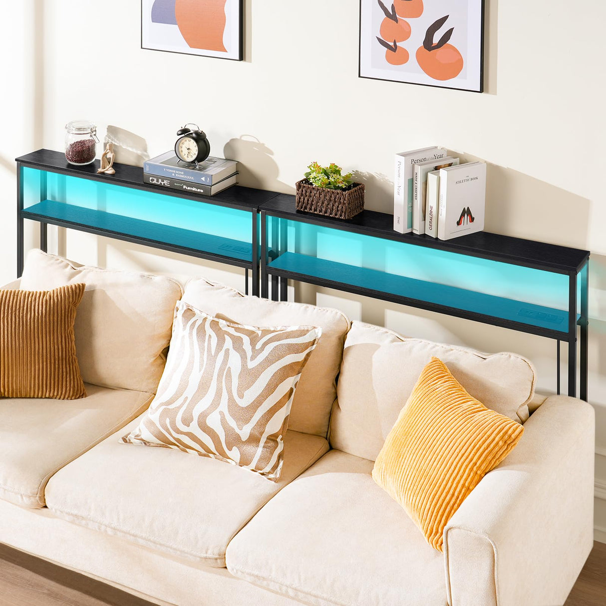 ELYKEN 2 Pack 5.9" Narrow 2-Tier Console Sofa Table with LED Strip Light, 5.9" Dx39.4”Wx39.4”H Long Behind Couch Table with Charge Station, Skinny Table with 6.5’ Extension Cord, Black ELYKEN