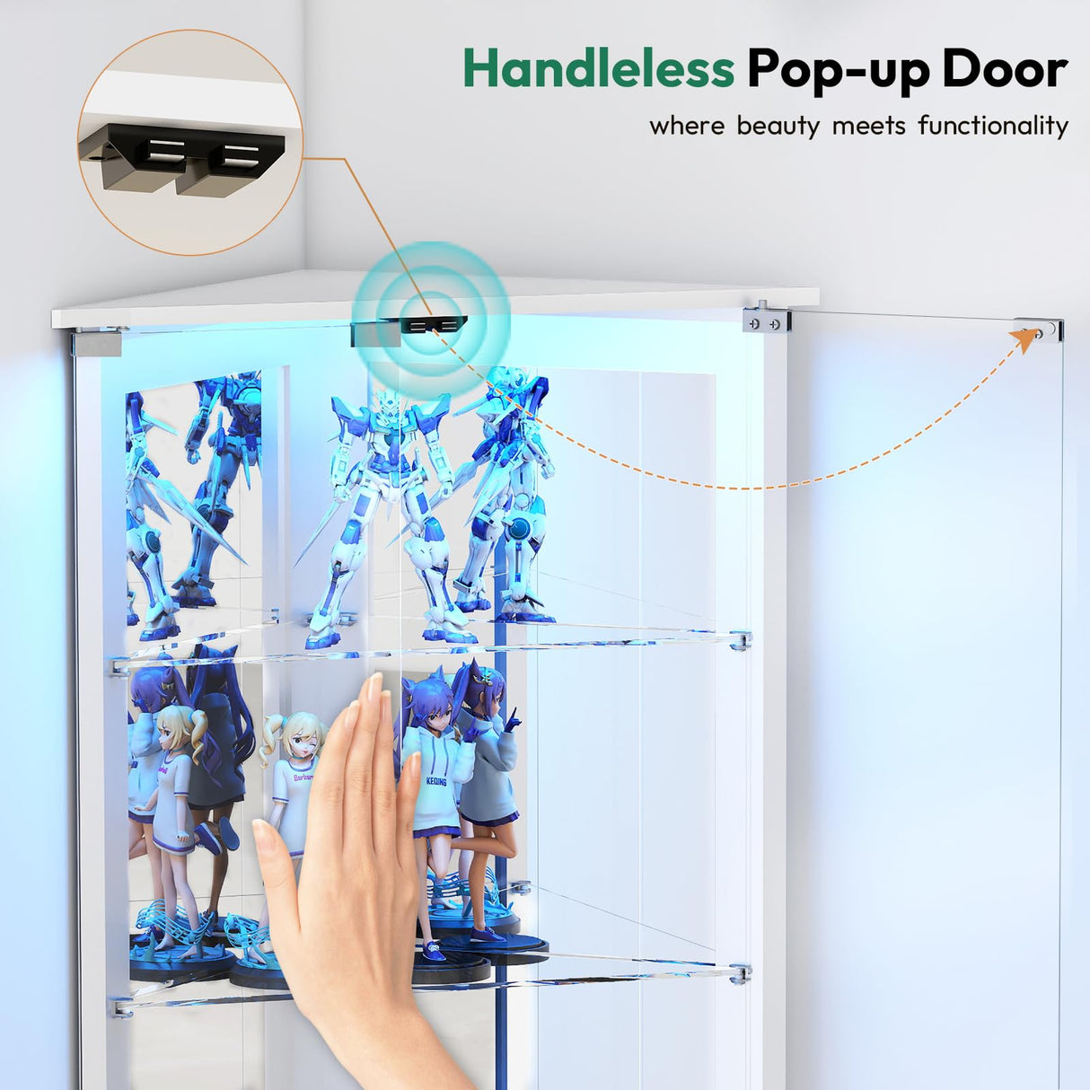 Lamtor 72" Corner Display Cabinet with Glass Doors, 6-Tier Showcase Curio Cabinet for Collectibles with Dynamic LED Lights, Modern Display Case for Living Room, White Lamtor