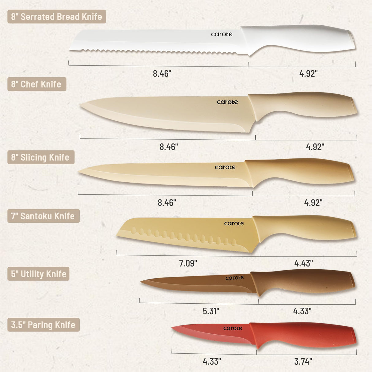 CAROTE 12 Pieces Kitchen Knife Set, Stainless Steel Knife Set With Nonstick Ceramic Coating, Dishwasher Safe with 6 Blade Guards, Rustproof, Brown CAROTE