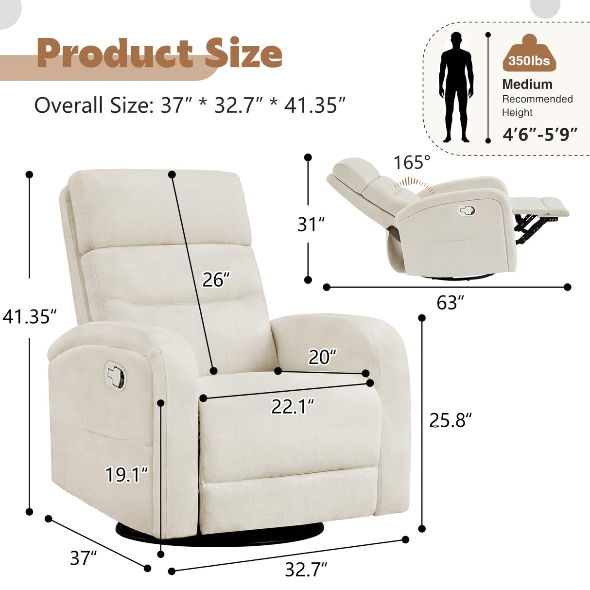 AEMEIOS Nursery Rocking Recliners, 360° Swivel Glider Rocker Recliner with Double Pockets, Manual Nursery Glider Rocker Recliner for Living Room, Chenille White AEMEIOS