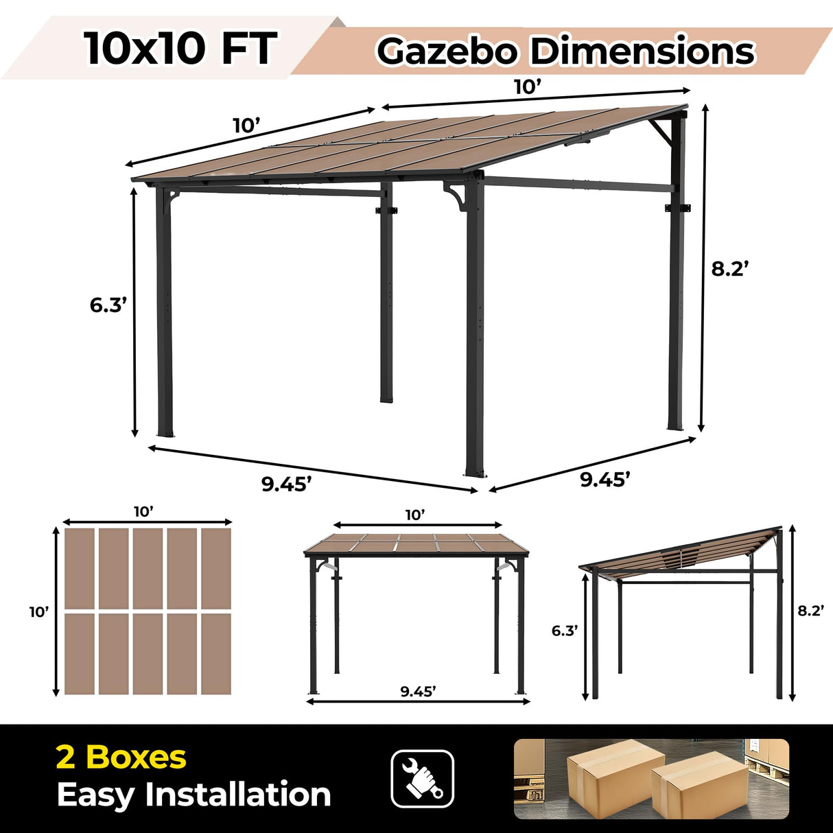 10' x 10' Outdoor Lean to Gazebo, Wall-Mounted Lean to Metal Awnings Gazebos, Hard Top Lean to Pergola, Large Wall-Mounted Heavy Duty Awnings for Patio, Deck, Porch, Lawn and Backyard Hipicute