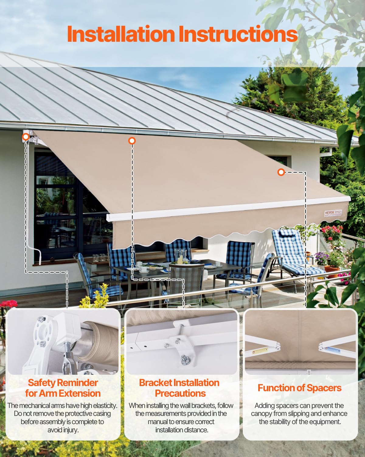 VEVOR Manual Retractable Awning, 12 x 10 ft Outdoor Patio Awning Retractable Sun Shade, Patio Door Window Water-Resistant Polyester Awning Sunshade Shelter with Crank Handle for Balcony, Backyard VEVOR