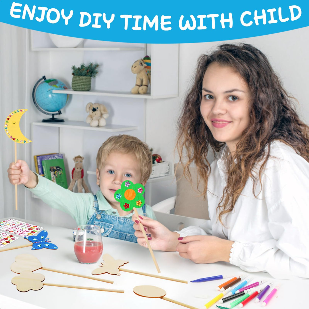 SAYAYA 77 PCS DIY Fairy Wand Craft Kit for Kids, 7 Styles Unfinished Wooden Princess Wands, 8 Gem Stickers, 12 Color Ribbons & Pen, Magical Party Supplies for Birthday Celebrations, Craft Activities SAYAYA