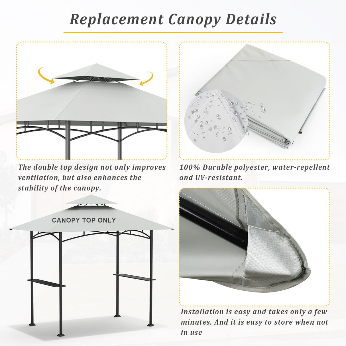 Grill Gazebo Replacement Canopy Top - AONEAR 5'x8' Outdoor BBQ Tent Roof Cover Double Tiered Outdoor Grill Shelter Fit for Model L-GG001PST-F (Gray) aonear