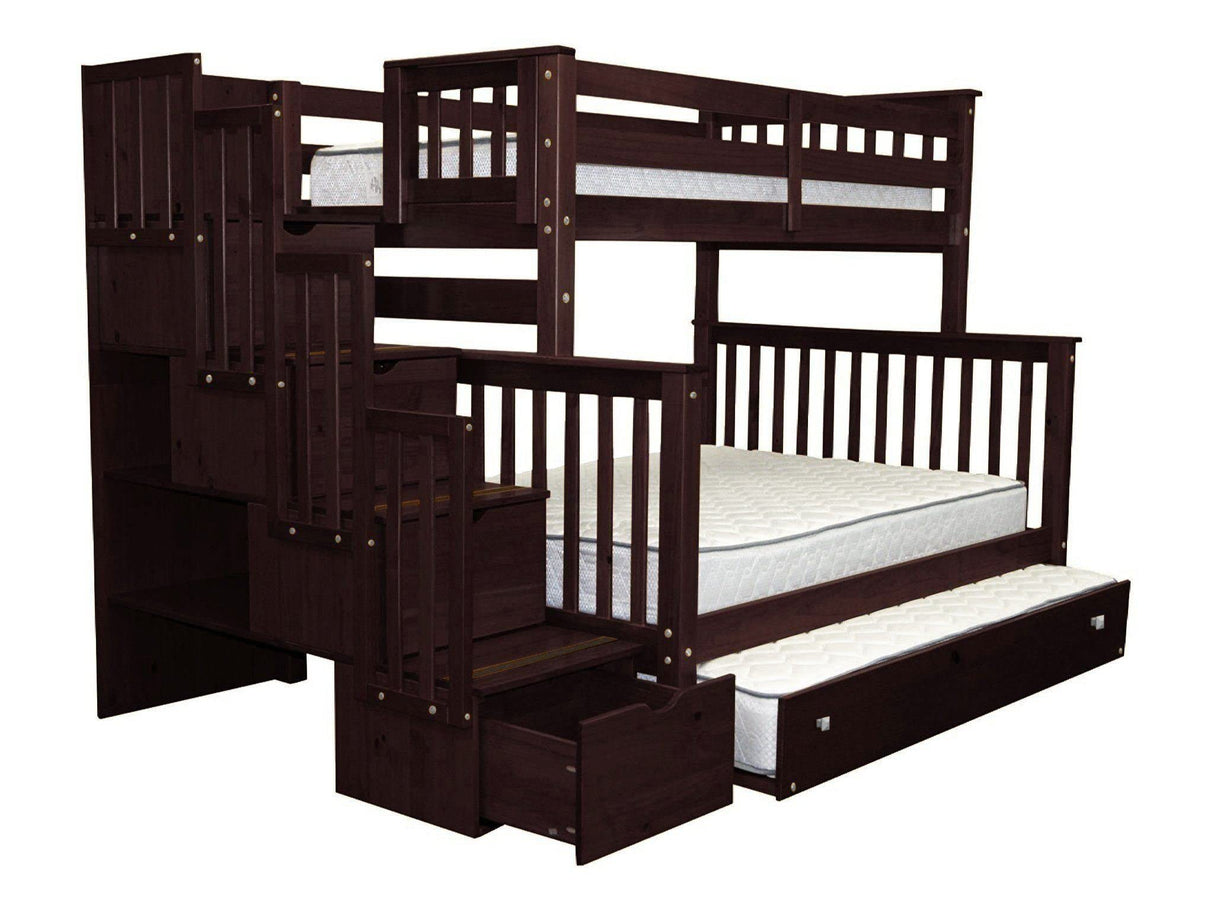 Bedz King Stairway Bunk Beds Twin over Full with 4 Drawers in the Steps and a Twin Trundle, Dark Cherry Bedz King