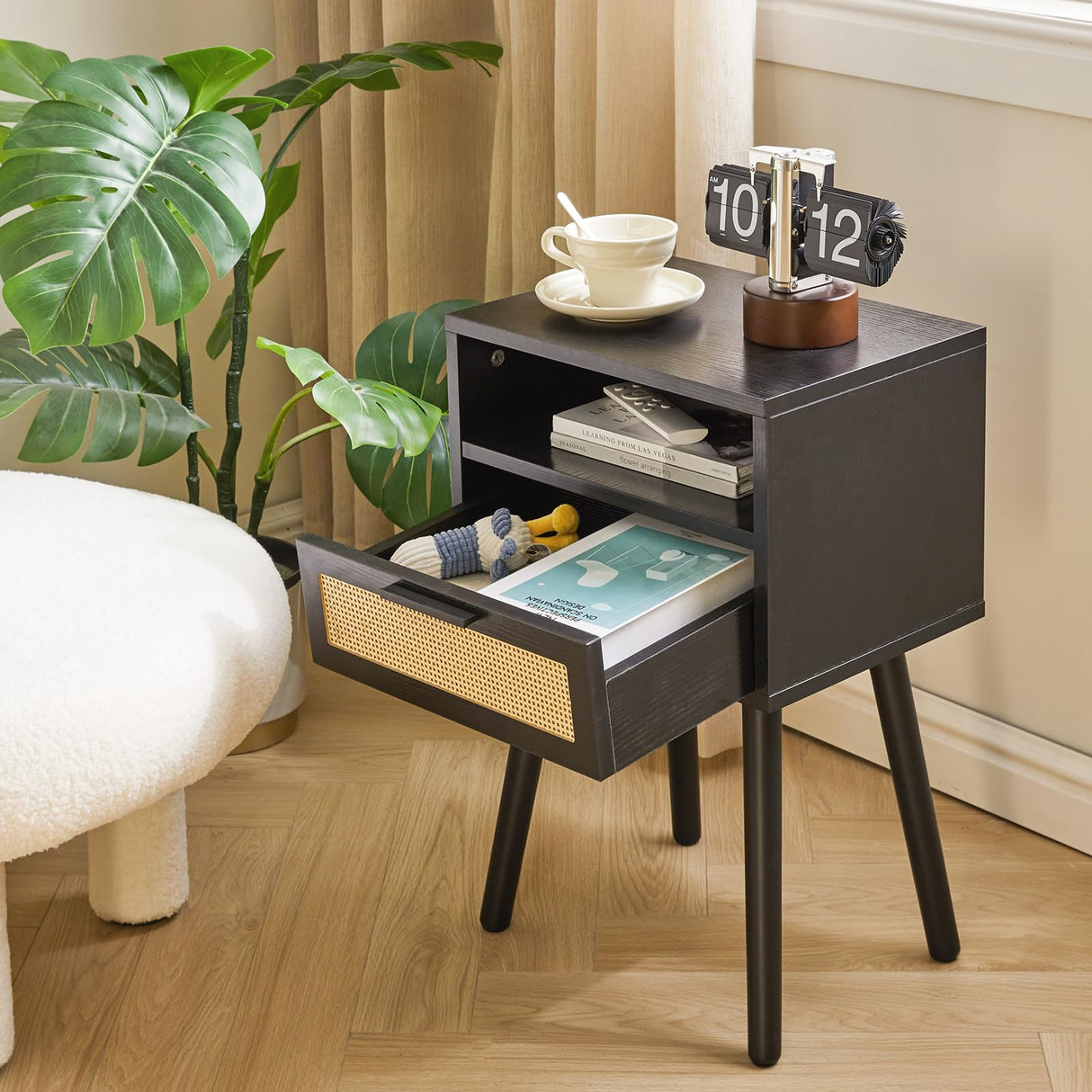 IBUYKE Rattan Nightstand, Boho Side Table with Drawer Open Shelf, Wood Accent Bedside Table, End Table with Legs for Bedroom, Living Room and Small Spaces, Black UWNS009B IBUYKE