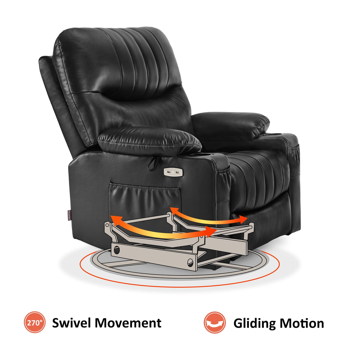 MCombo Oversized Swivel Glider Rocker Power Recliner Chair for Living Room with Heat and Vibration Massage, USB Ports, Cup Holders and Pockets, Faux Leather 7785 (Black) MCombo