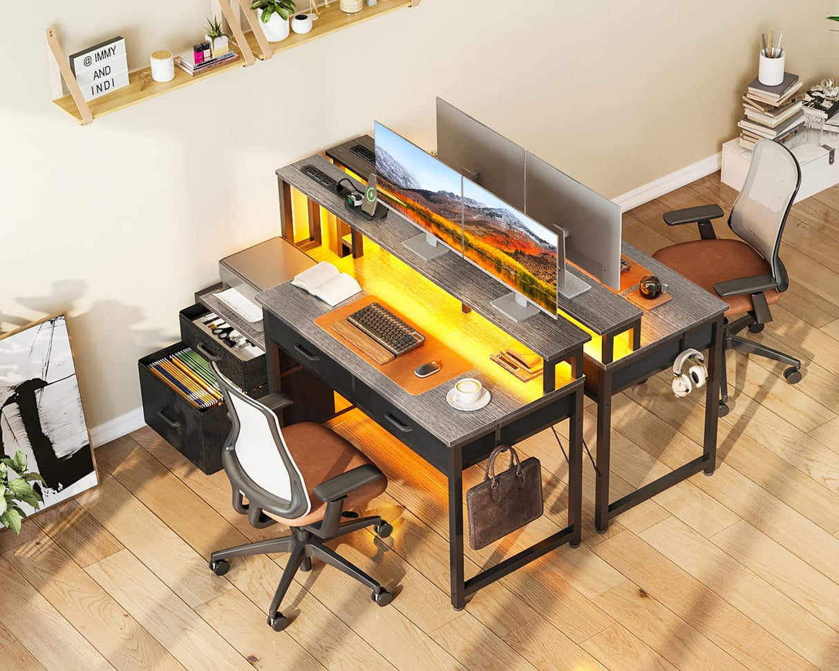 AODK 48-Inch Computer Desk with File Cabinet and Fabric Drawers, Reversible Office Desk with LED Strip and Power Strip, Gaming Desk with Monitor Riser, Writing/Study Table for Home, Oak Grey AODK