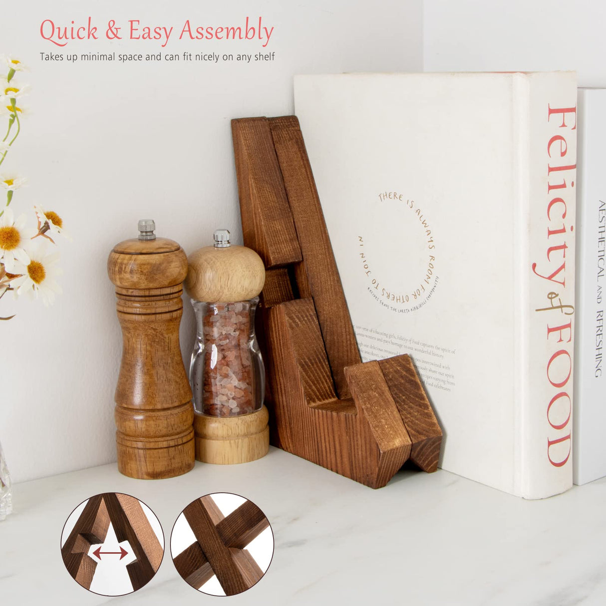 EFFORTICH Cookbook Stand, Wooden Recipe Book Holder, Cook Book Stand for Kitchen Counter, Multifunctional Display, Kitchen Counter Decor - Brown EFFORTICH