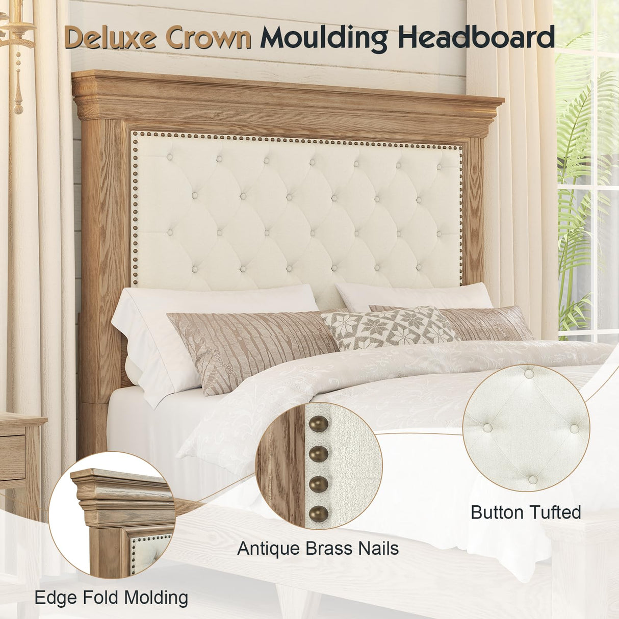 YUMPIE Queen Rustic Solid Wood Bed Frame With 68" Tall Headboard, Farmhouse Chenille Upholstered Panel Platform Bed Mattress Frame, Button Tufted/Antique Brass Nail Trim/No Box Spring Needed, Milk Ash YUMPIE