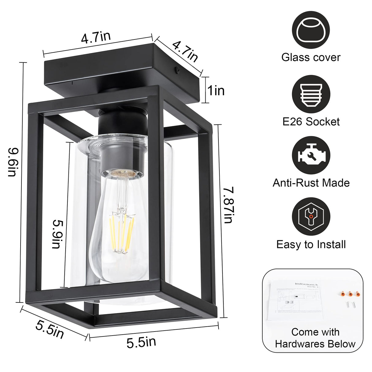 Mayful Flush Mount Ceiling Light Fixture with Clear Glass Shade, Farmhouse Black Metal Frame Light Fixture for Kitchen Island Entryway Porch Foyer Dining Room, E26 Ceramic Base Mayful