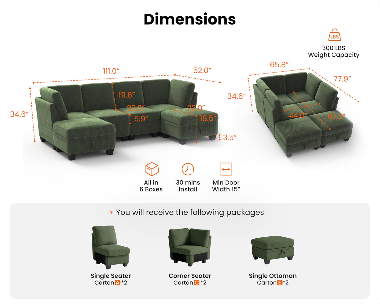 CHIC HOUSE Modular Sectional Sofa Corduroy Couch, Customizable U-Shaped Sofa with Storage Ottoman, Reversible Chaise for Living Room, Oversized L-Shaped Sofa Set (Green, 6 Seater Compact Sleeper) CHIC HOUSE