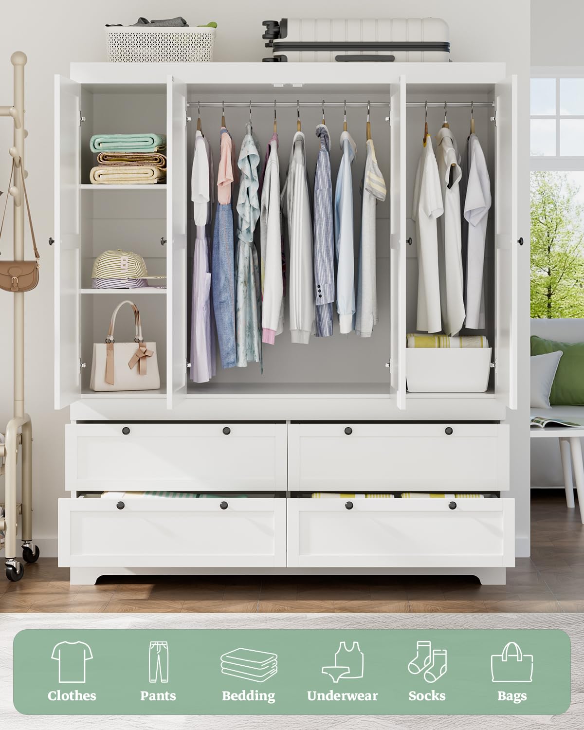 PLANNTONNEO Large White Wardrobe Closet with Drawers, Modular Closet System with Doors and Hanging Rods, Tall Large Armoire Ample Storage, Big Bedroom Armoires (4 Doors+4 Drawers) PLANNTONNEO