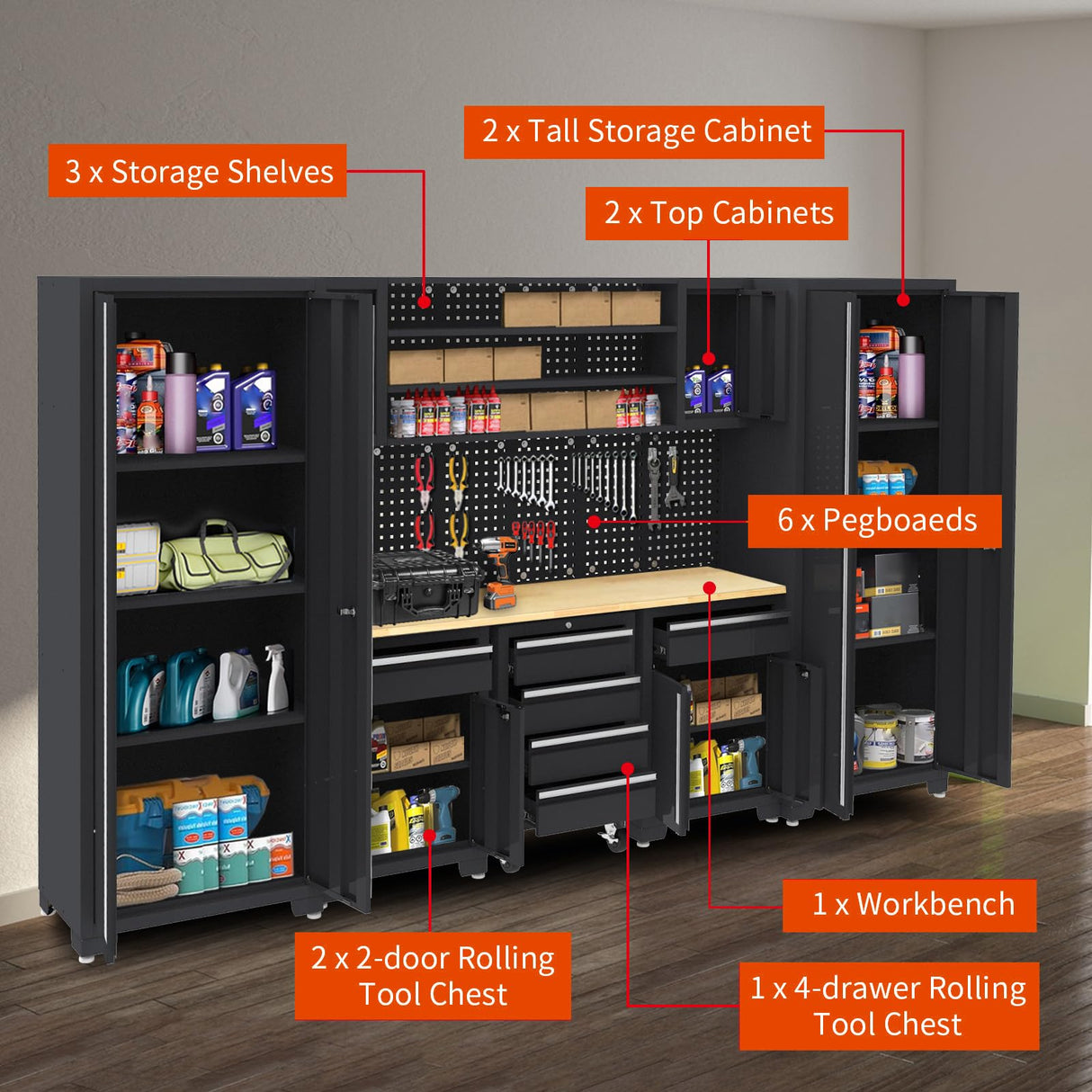 HPDMC Garage Storage Cabinet System - 9-Pc Steel Workshop Set w/Workbench Includes Cabinet Drawers & Pegboard | Gray Tool Organization System for Garage/Workshop HPDMC