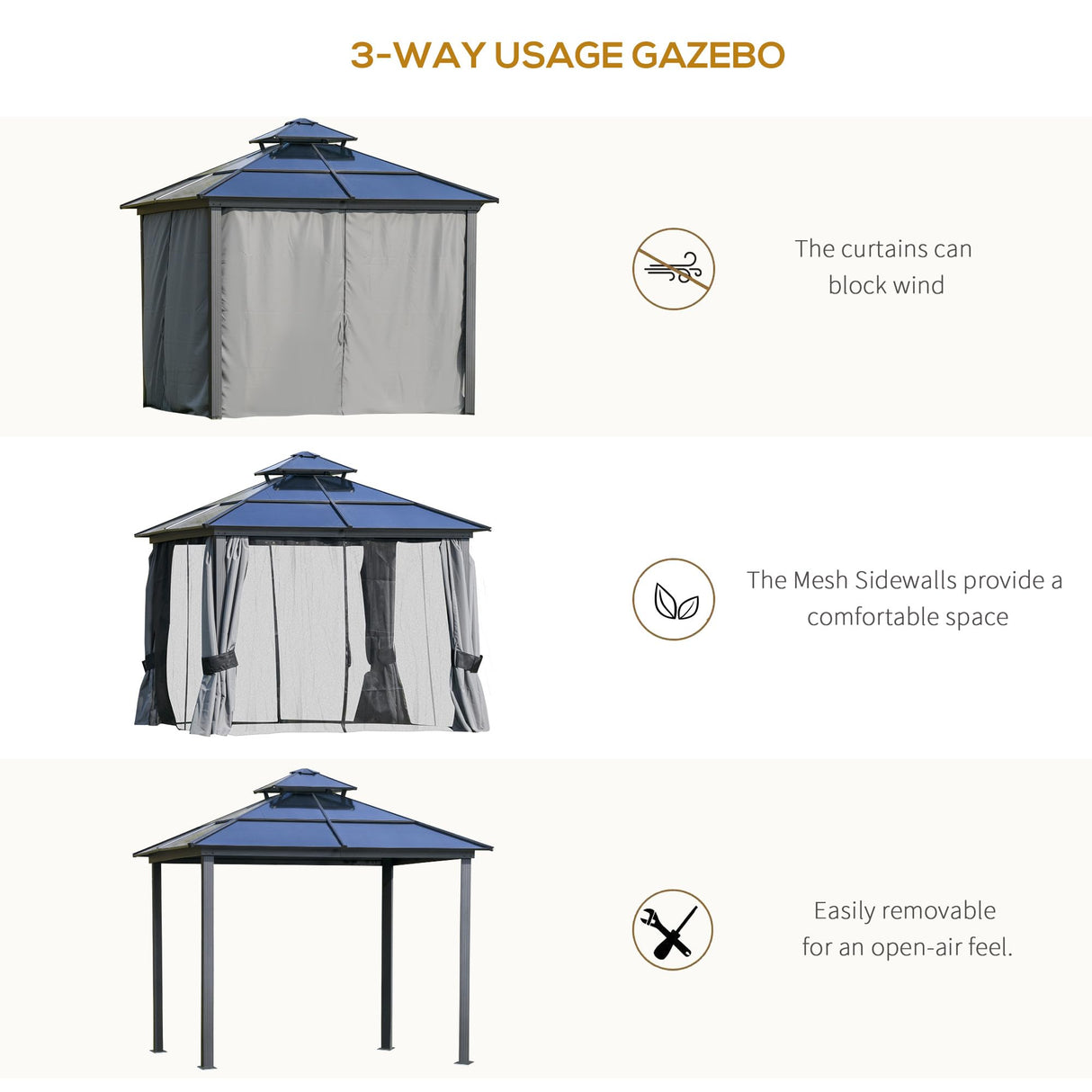 Outsunny 10' x 10' Hardtop Gazebo Canopy with Polycarbonate Roof, Aluminum Frame, Permanent Pavilion Outdoor Gazebo with Netting, for Patio, Garden, Backyard, Deck, Lawn, Gray Outsunny