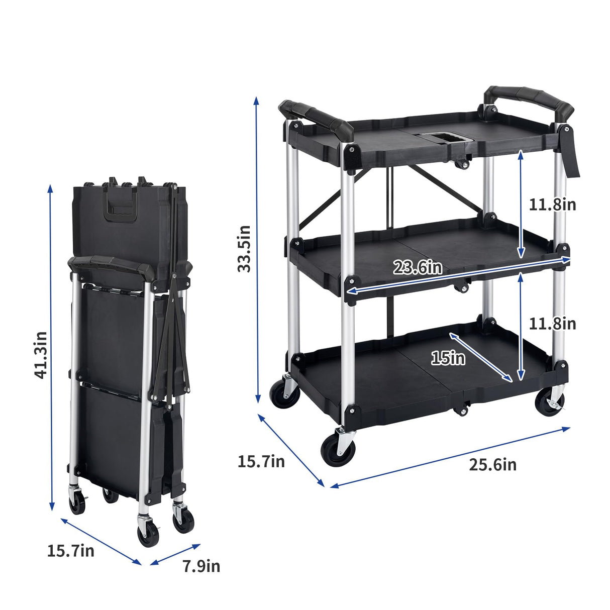 UNICOO® Heavy Duty 3-Tier Collapsible Rolling Cart, Folding Utility Cart, 550lbs Capacity, Lockable & Silent Wheels, Compact & Foldable, Easy Clean & Storage for Restaurant, Office, Garage (Black) UNICOO