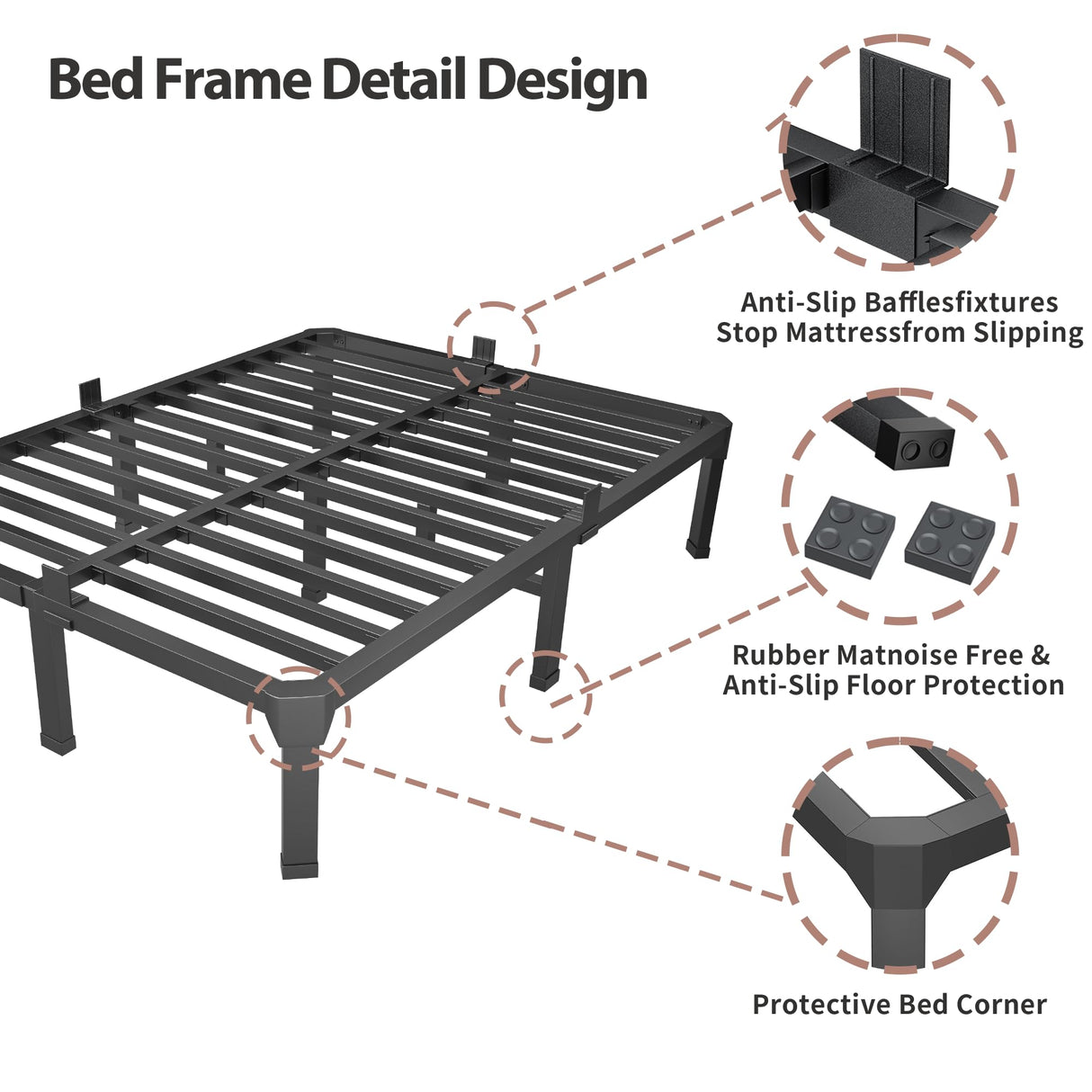 ROIL 14 Inch Twin Size Bed Frame with Mattress Slide Stopper - Single Black Basic Anti Squeak Steel Slats Metal Platform, Heavy Duty Noise Free Easy Assembly Bedframes, No Box Spring Needed ROIL