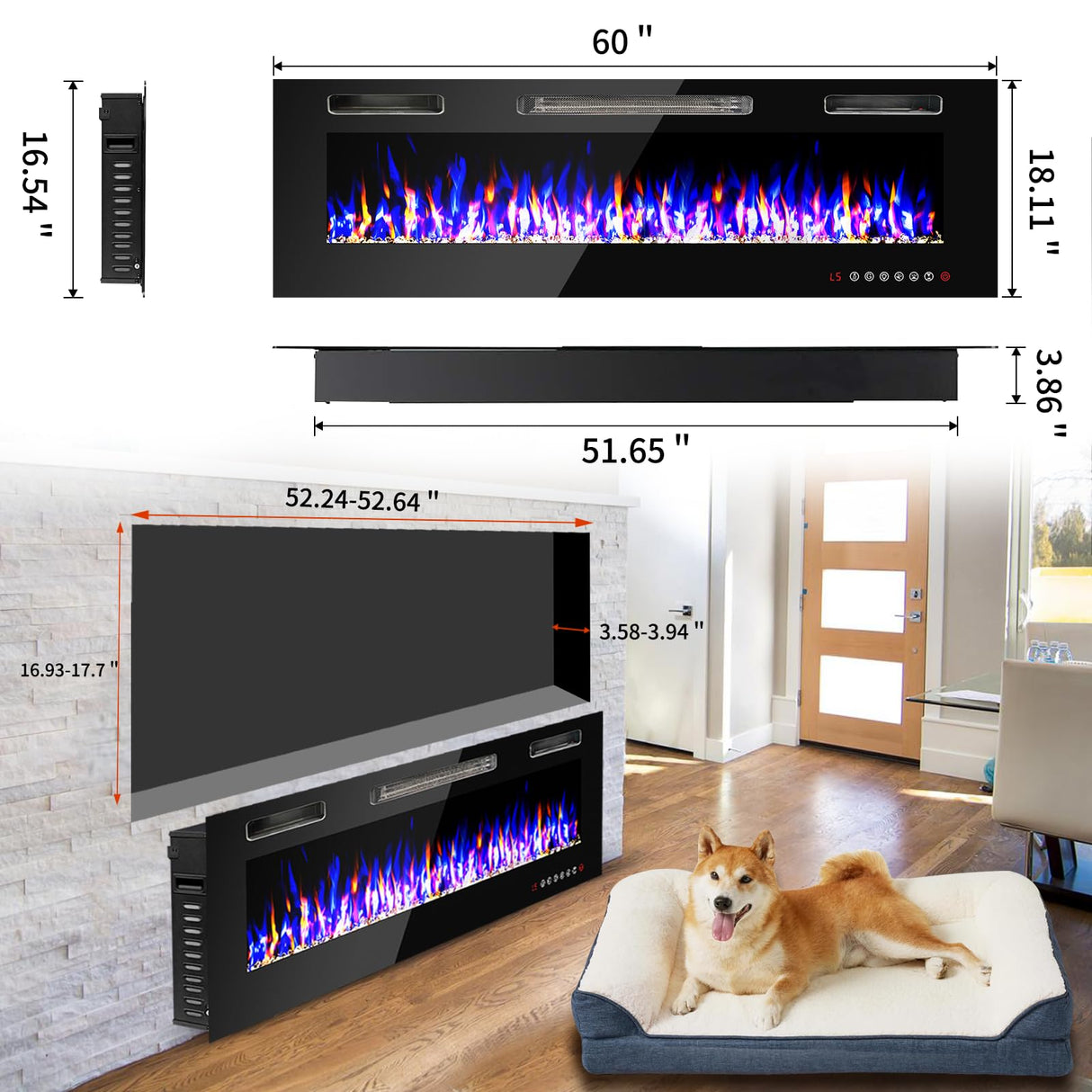 60 inch Wall Mounted Electric Fireplace, Multi LED Flames Fireplace Insert with Crystal, 750/1500W Fireplace Heater,Remote/Touch Screen Control Recessed Fireplace for Halloween,1-8H Timer / 400 Sq. FANGJI
