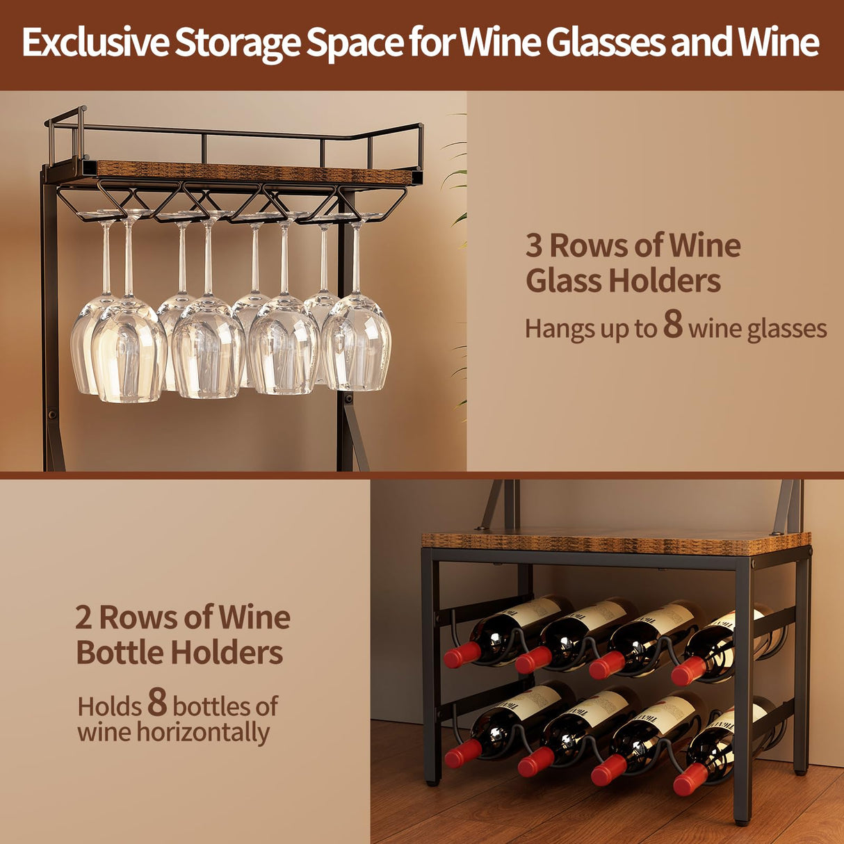 Nuovoware 3-Tier Liquor Cabinet with Wine Rack, Freestanding Liquor Stand with 8-Bottle for Mini Bar, Versatile Wine Rack Freestanding Floor with Tabletop and 8 Glass Holders, Black+Retro Brown Nuovoware