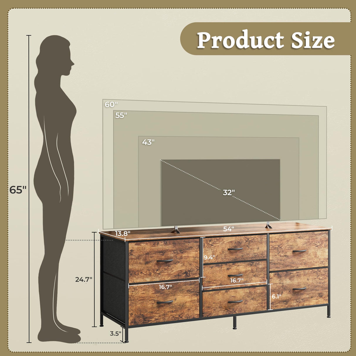 Huuger Dresser for Bedroom, 55 Inch TV Stand for 43, 55, 60 Inch TV, Long Fabric Dresser with 7 Drawers, Chest of Drawers for Storage, Closet, Clothing, Rustic Brown Huuger