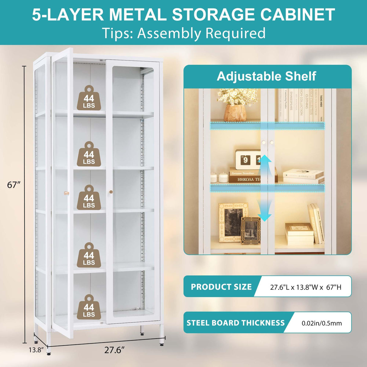 Desirable Life 5 Tier Glass Display Cabinet with 13 Color LED Lights, 67" Lighted Curio Cabinet with Glass Doors & Adjustable Shelves, Tall Metal Display Case for Collectibles Figures- White Desirable Life