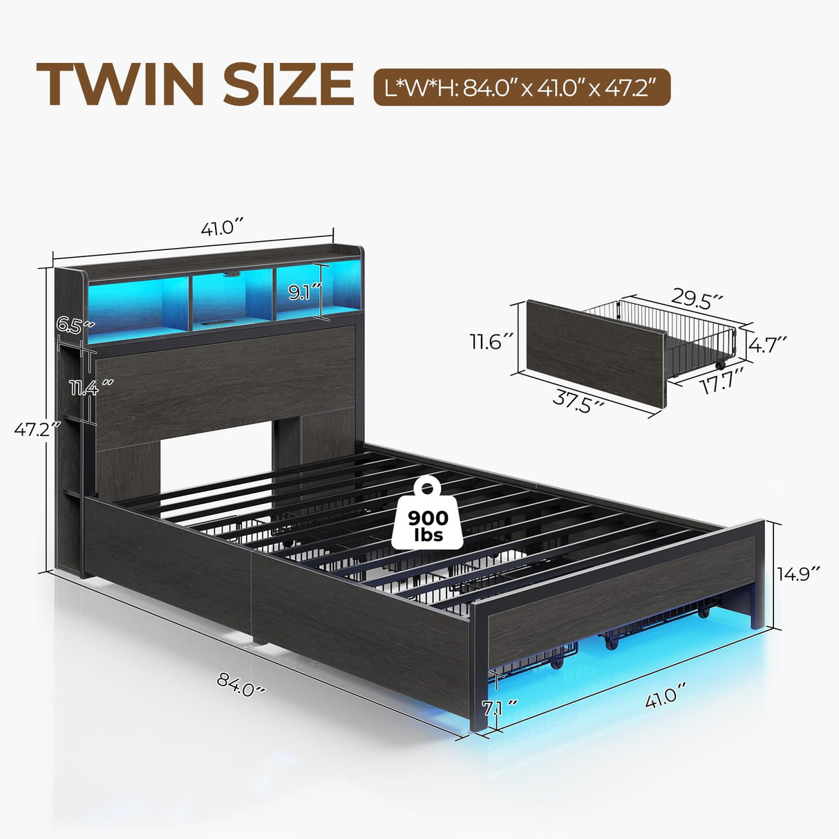 Rolanstar Twin Bed Frame with Storage Headboard, Metal Platform Bed with Charging Station, LED Bed Frame with 4 Drawers, Bookcase Storage, No Box Spring Needed, Easy Assembly, Noise-Free, Black Rolanstar