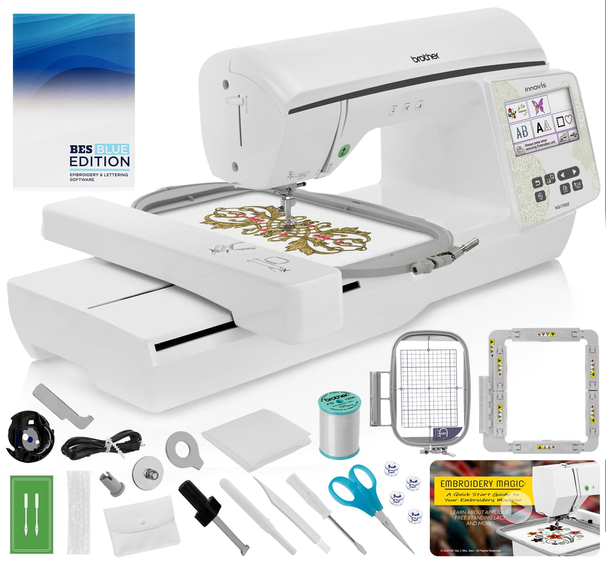 Brother NQ1700E Embroidery Machine, 6" x 10" Field Size, Cuts Jump Stitches, Wireless, Includes BES Lettering Software + Brother Magnetic SAMF180 Hoop + Mr. Vac & Mrs. Sew - Embroidery Magic Video Brother