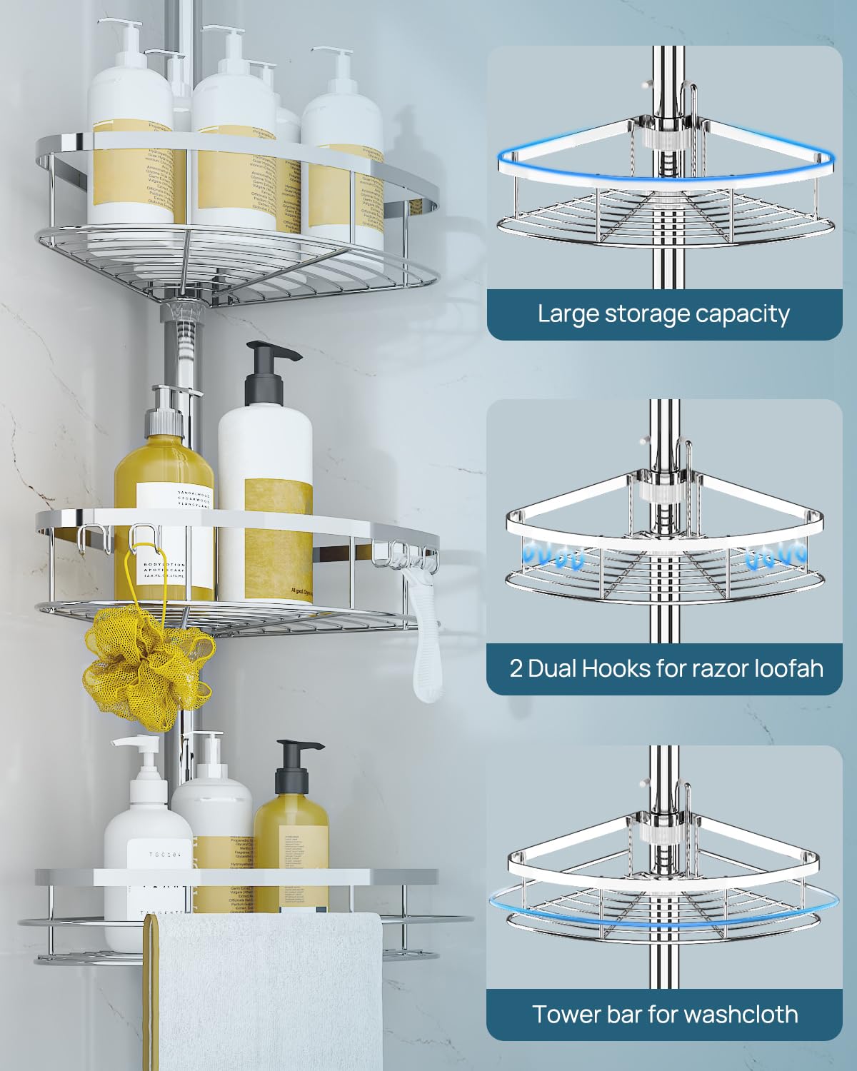 SEIRIONE Rustproof Shower Corner Caddy Organizer for Bathroom, 4 Adjustable Shelves with Tension Pole, for Bathtub Shampoo Accessories Storage Holder, 34 to 116 Inch Height SEIRIONE