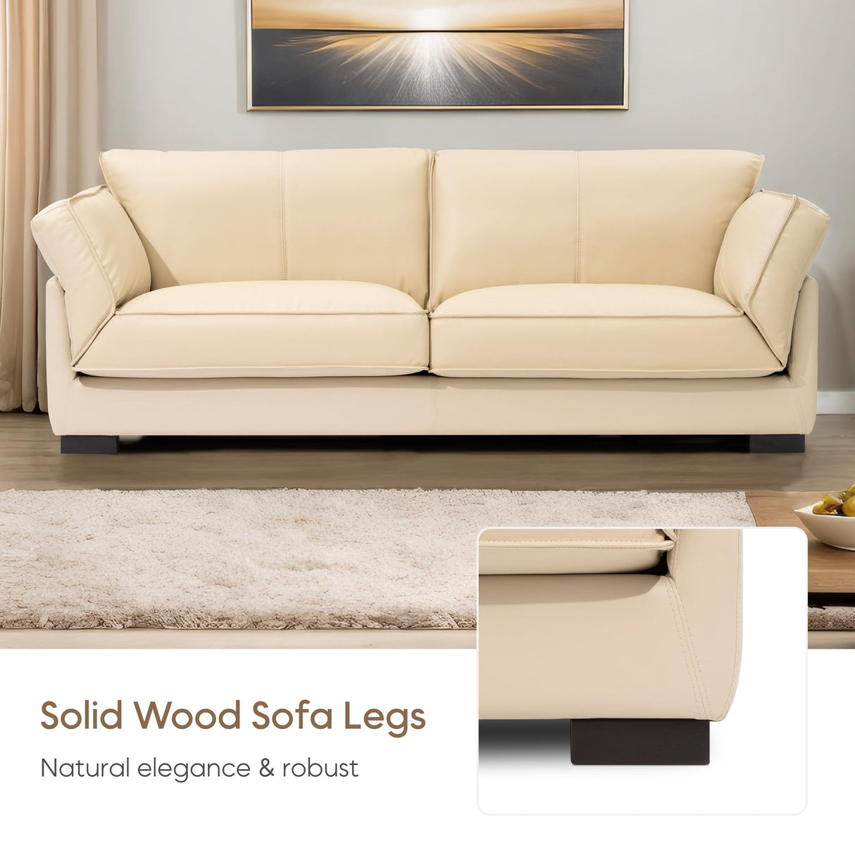 Olodumare 87’’ Genuine Leather Sofa for Living Room, Luxurious Top-Grain Leather Comfy Couch with Overstuffed Cushions, Mid-Century Modern Feather Filled Cushions Furniture, Cream Beige Olodumare