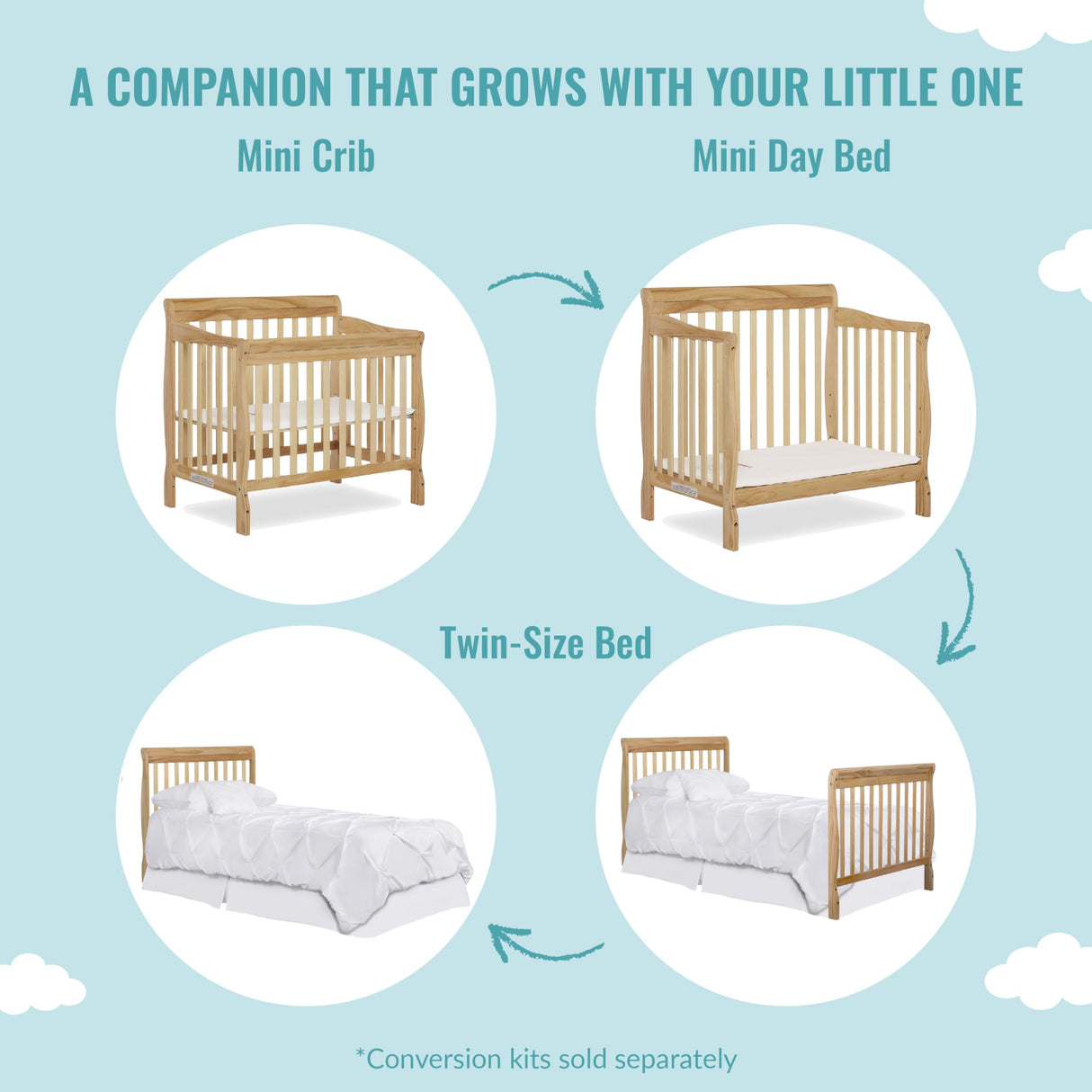 Dream On Me Aden 4-in-1 Convertible Mini Crib In Natural, Greenguard Gold Certified, Non-Toxic Finish, New Zealand Pinewood, With 3 Mattress Height Dream On Me