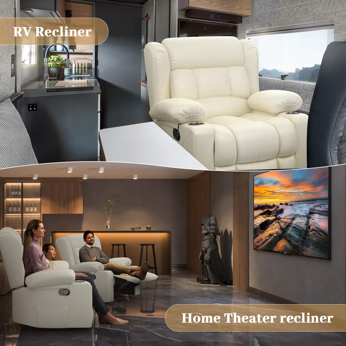 IROSTAE Recliner Chair for Adults, Oversized PU Leather Manual Pull Tab Reclining Chair with Cup Holders, Minimalist Style Single Sofa for Living Room, RV (Ivory White) IROSTAE