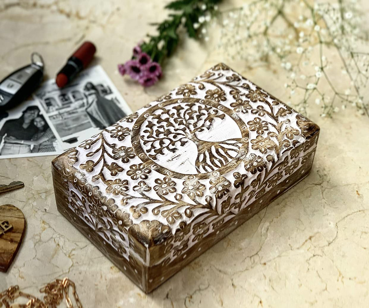Great Birthday Gifts Handmade Decorative Wooden Jewelry Box Tree Of Life Carving Jewelry Organizer Keepsake Box Treasure Chest Trinket Holder Watch Box Storage Lock Box Housewarming Gifts The Great Indian Bazaar