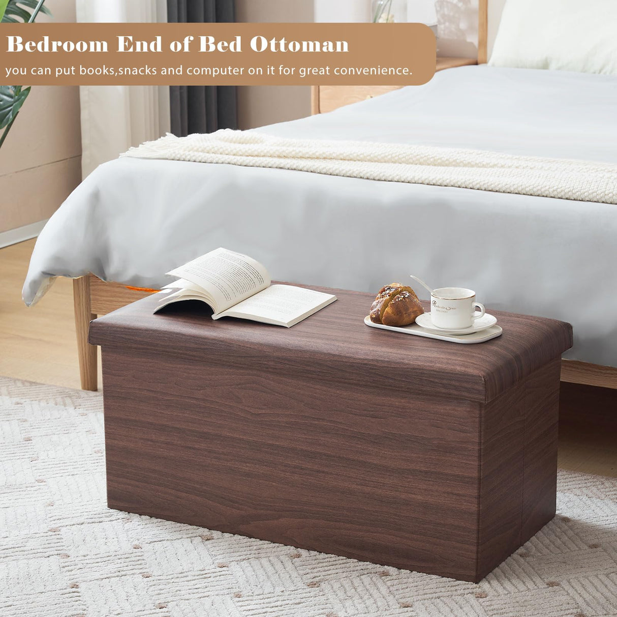 YOUDENOVA 30 inches Folding Storage Ottoman Bench, 80L Storage Bench for Bedroom and Hallway, Faux Leather Brown Footrest with Foam Padded Seat, Support 350lbs, Wood Grain Brown YOUDENOVA