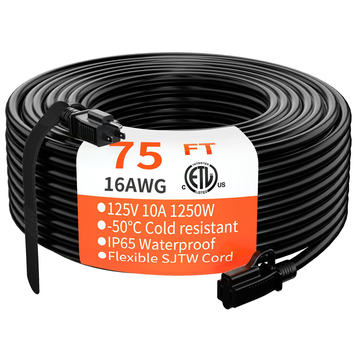 HUANCHAIN Indoor Outdoor Black Extension Cord 75 ft Waterproof, 16/3 Gauge Flexible Cold-Resistant Appliance Extension Cord Outside, 10A 1250W 16AWG SJTW, 3 Prong Heavy Duty Electric Cord, ETL huanchain