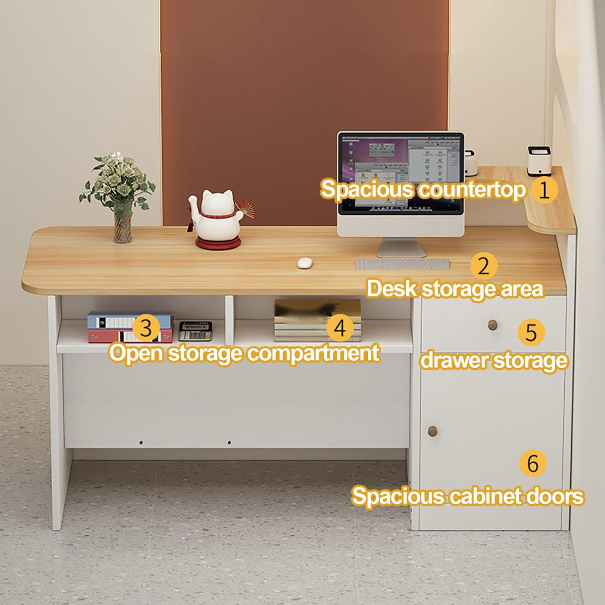 Reception Counter Desk, Modern Retail Counter, Front Desk Reception Room Table, Retail Counter with Display Shelf & Drawers, for Checkout, Lobby, Salon, Retail, Store Shop Clinic Office, Beauty Salon LLINVX