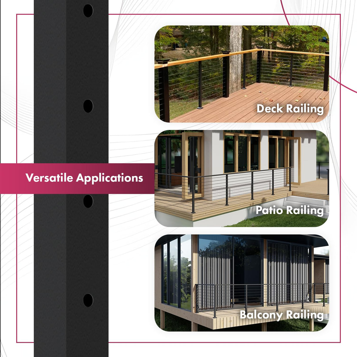 CR Fence & Rail Level Drilled Cable Railing Post, 2pcs 36 inch Powder Coated Fence Post, Metal Posts for Cable Railing Kit, Black Metal Deck Railing Post for Indoor, Outdoor, Porch, & Balcony (36") CHR