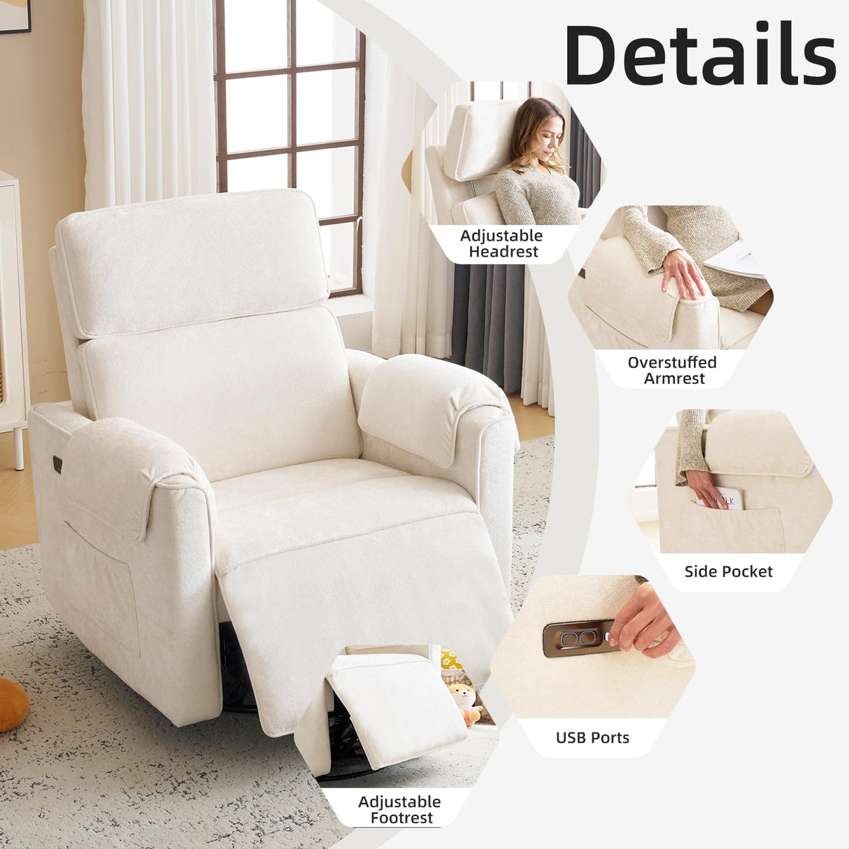 Rhevoy Oversized Power Recliner Chair, 26" Extra Wide Swivel Rocker Recliner with Adjustable Headrest, Chenille Glider Rocking Nursery Chair with Overstuffed Armrest, USB Ports, Cream Rhevoy
