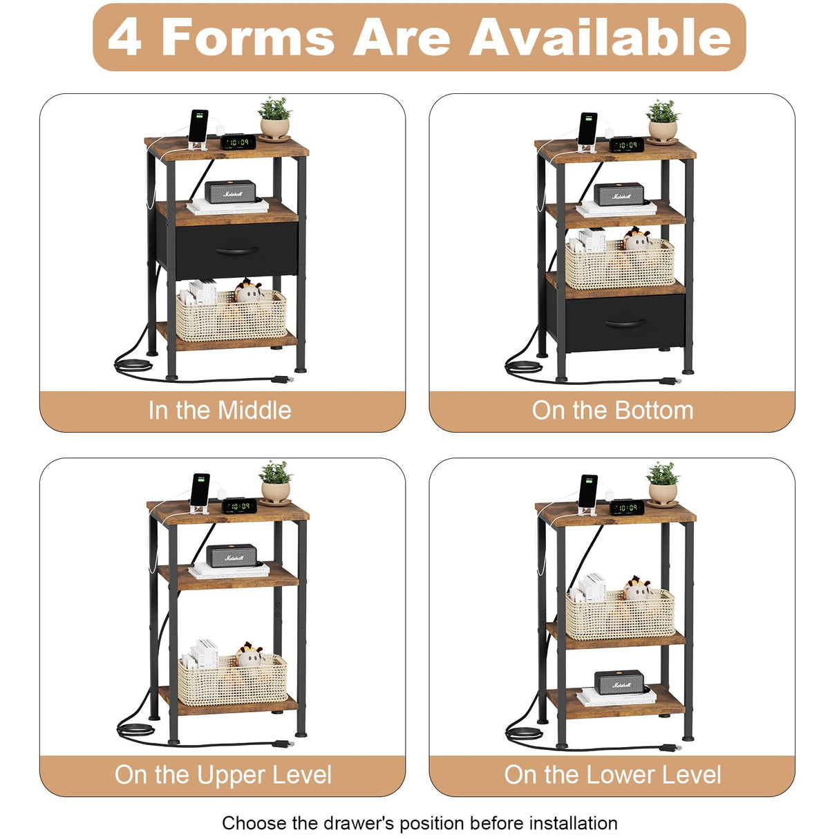 Fixwal Night Stand with Charging Station, Adjustable Bed Side Table with Fabric Drawer, Farmhouse End Table, Bedside Table with Storage, Rustic Brown Fixwal