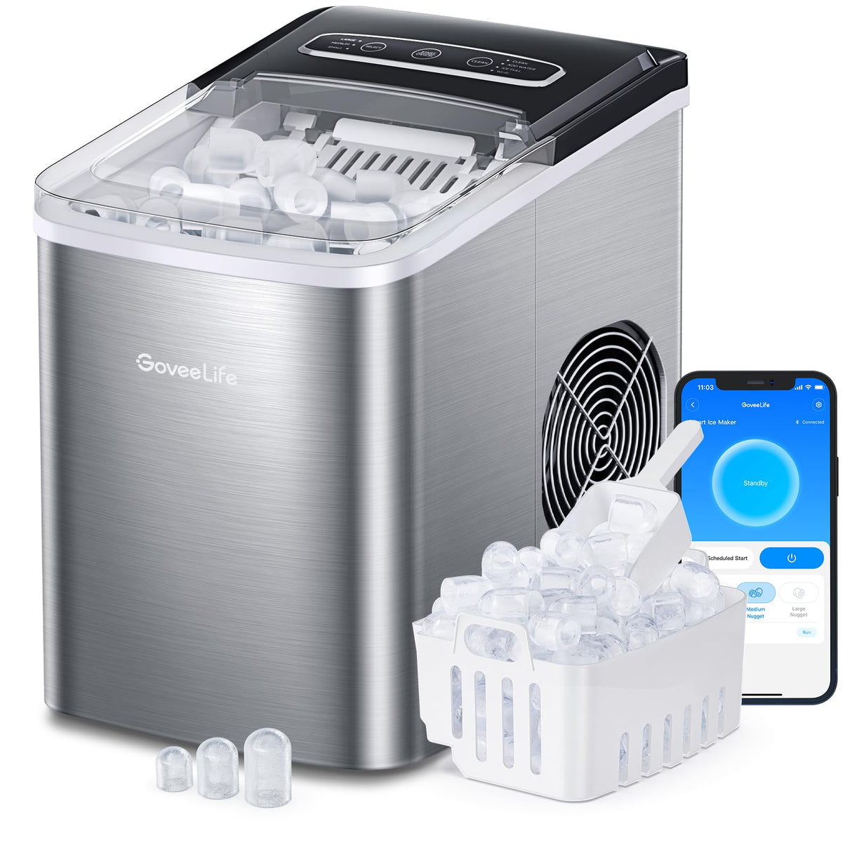 GoveeLife Smart Ice Maker Machine Countertop with Self Cleaning, Voice Remote, 26lbs in 24Hrs, 9 Ice Cubes in 6 Minutes 3 Sizes, Portable Ice Makers with Basket and Scoop, for Home Kitchen Camping RV GoveeLife