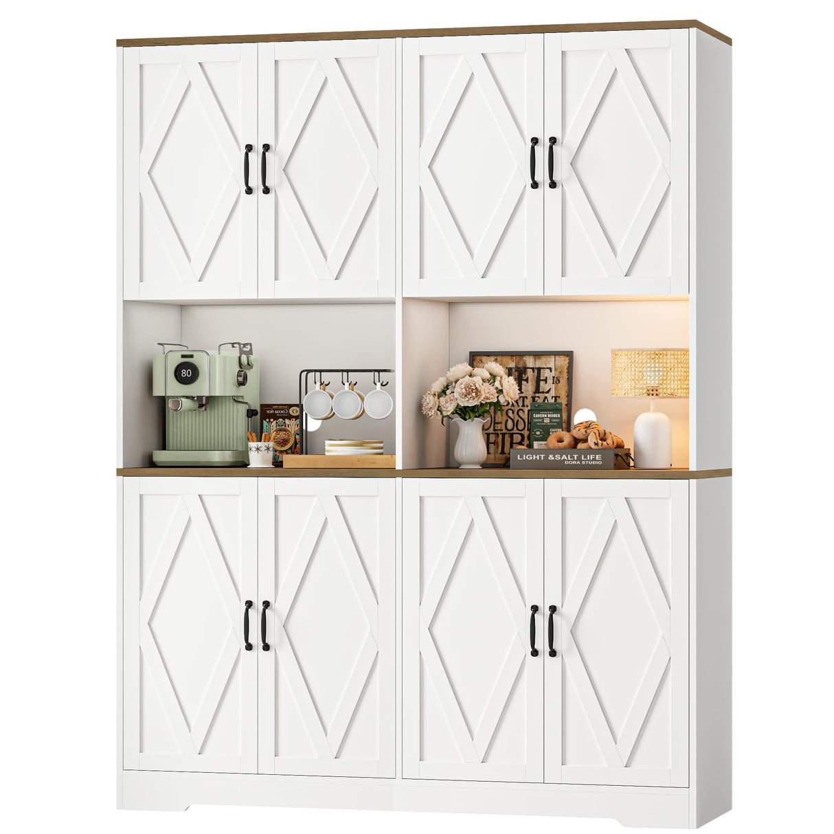 HOSTACK 71" Tall Pantry Cabinet, 55" Wide Kitchen Pantry Storage Cabinet, Large Kitchen Hutch with 2 Microwave Stands, Farmhouse Coffee Bar Station with Doors and Shelves for Dining Room, White HOSTACK